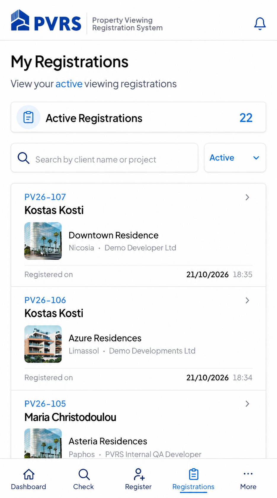 PVRS My Registrations — three property viewings