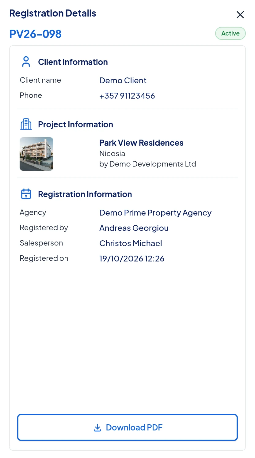 PVRS registration details for a demonstration client, showing the reference, project and registration information