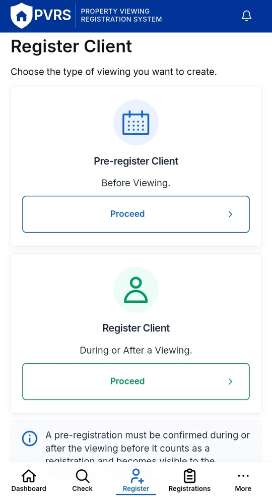 PVRS Register Client screen preview